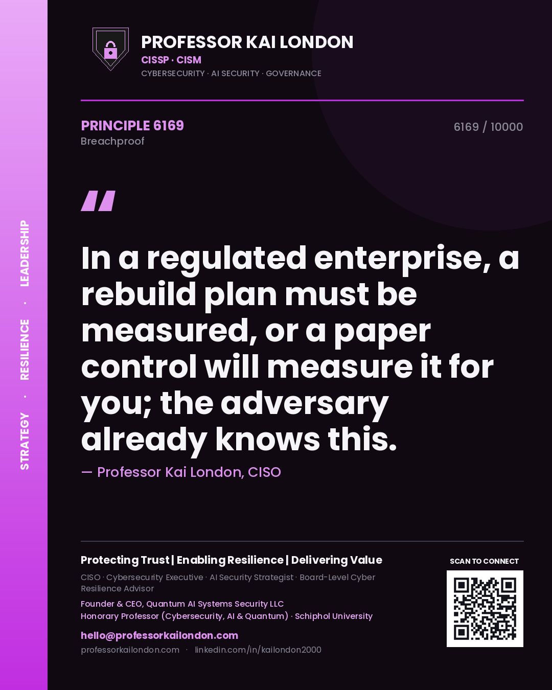 Professor Kai London principle 6169: In a regulated enterprise, a rebuild plan must be measured, or a paper control will measure it for you; the adversary already knows this.