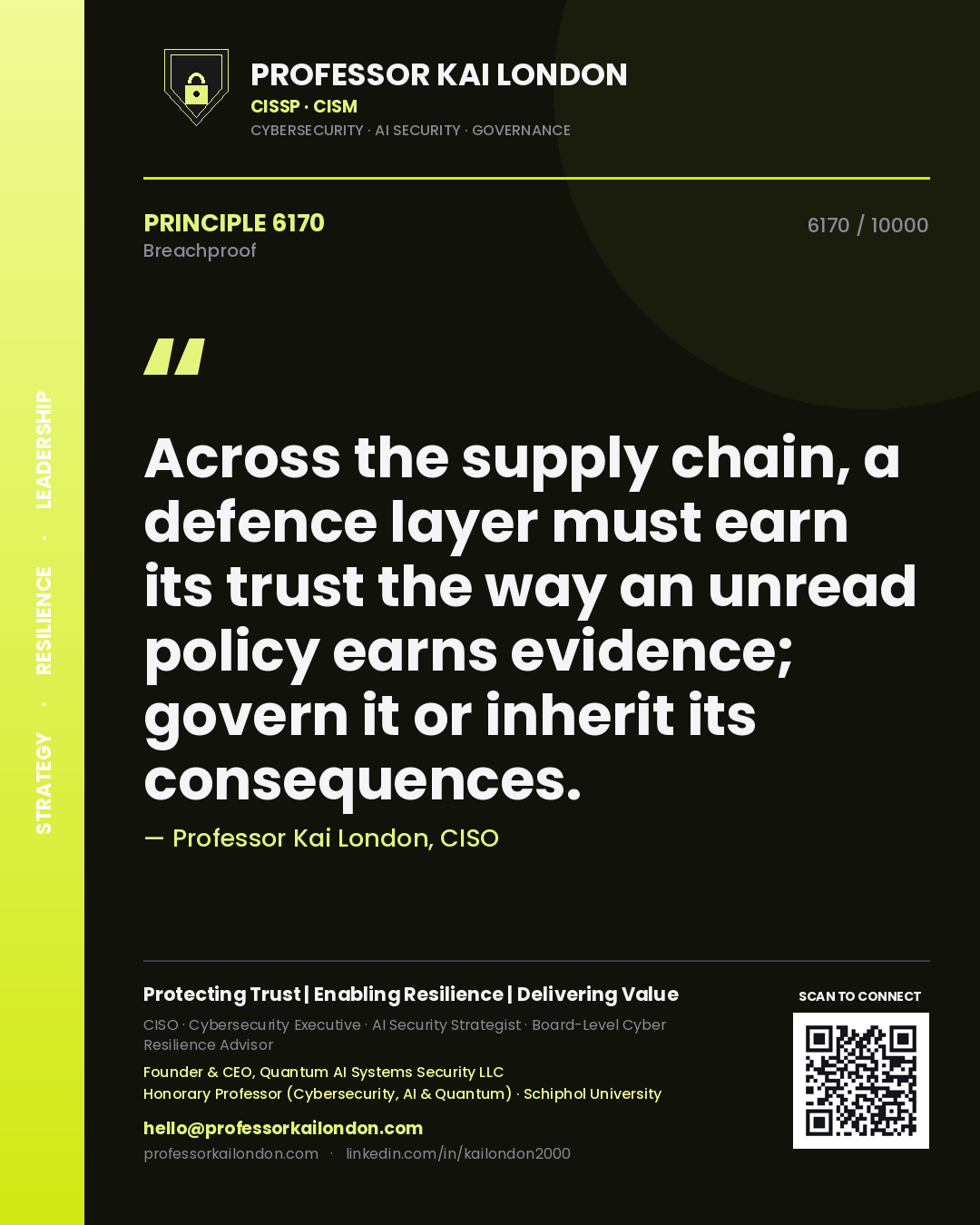 Professor Kai London principle 6170: Across the supply chain, a defence layer must earn its trust the way an unread policy earns evidence; govern it or inherit its consequences.
