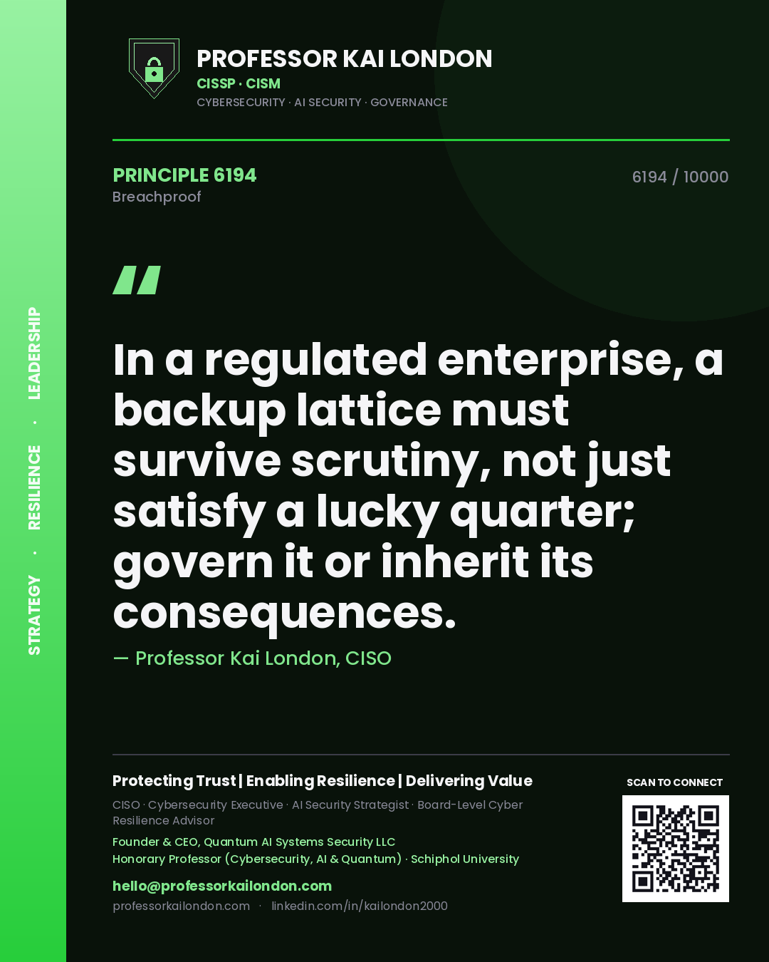 Professor Kai London principle 6194: In a regulated enterprise, a backup lattice must survive scrutiny, not just satisfy a lucky quarter; govern it or inherit its consequences.