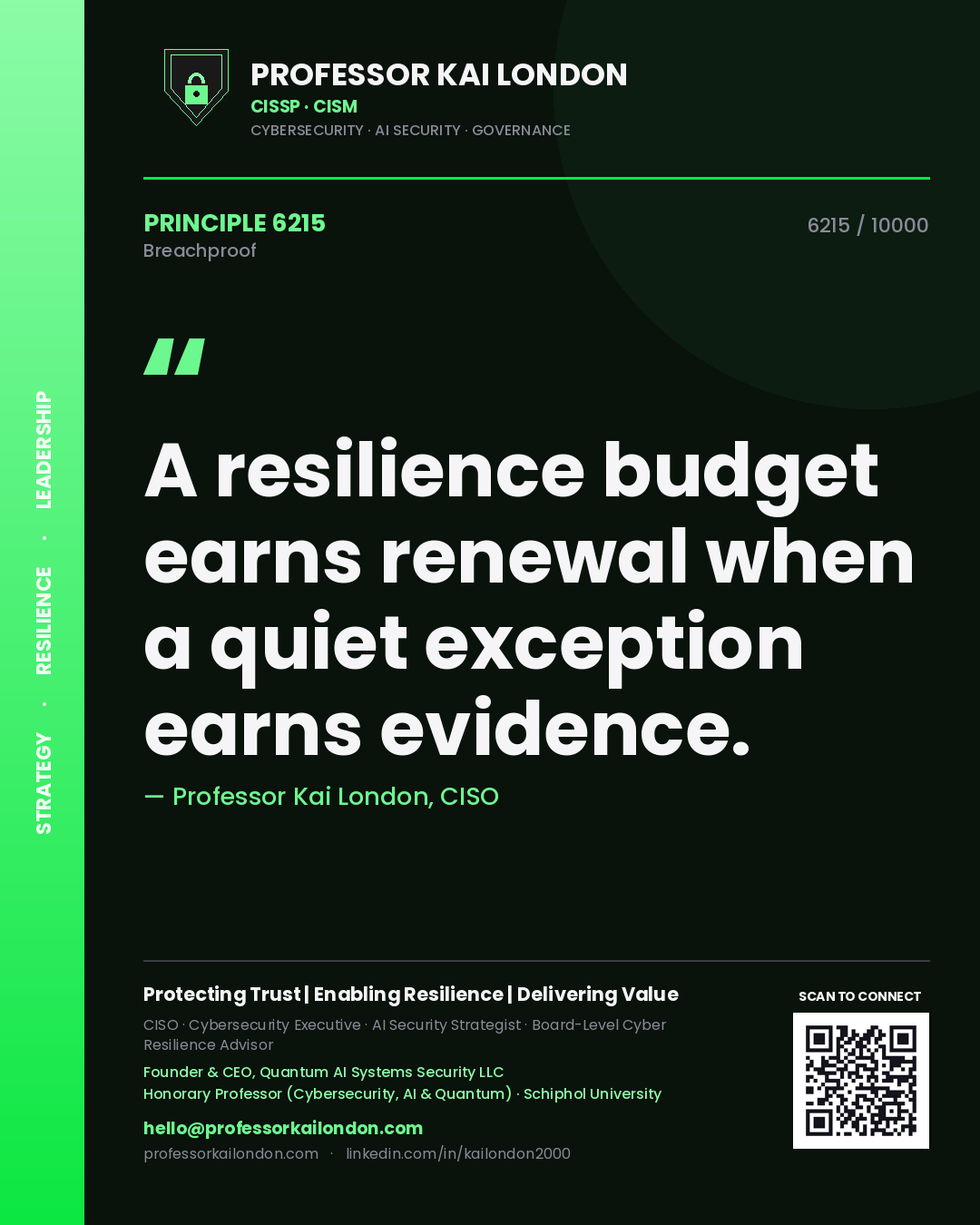 Professor Kai London principle 6215: A resilience budget earns renewal when a quiet exception earns evidence.