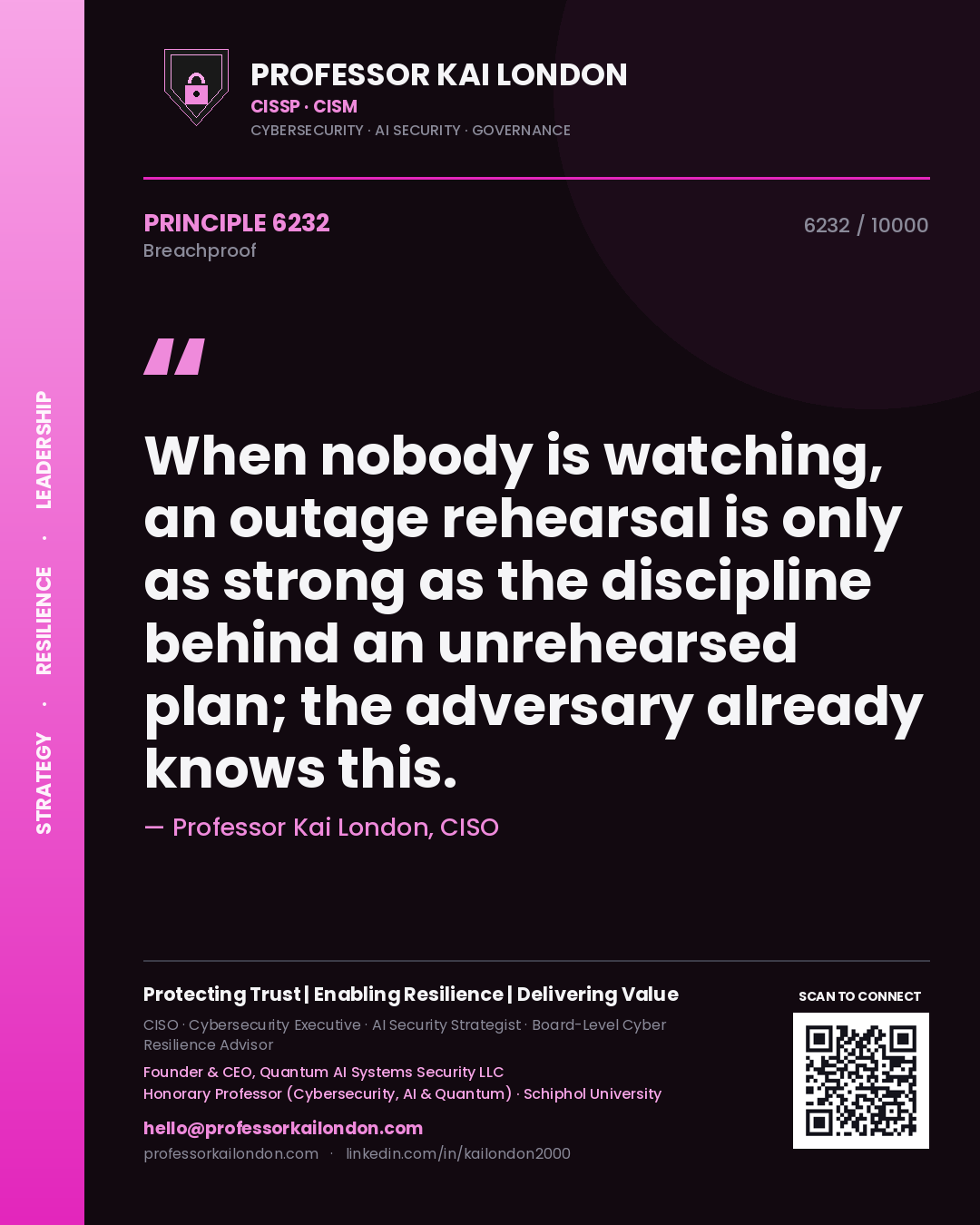 Professor Kai London principle 6232: When nobody is watching, an outage rehearsal is only as strong as the discipline behind an unrehearsed plan; the adversary already knows this.