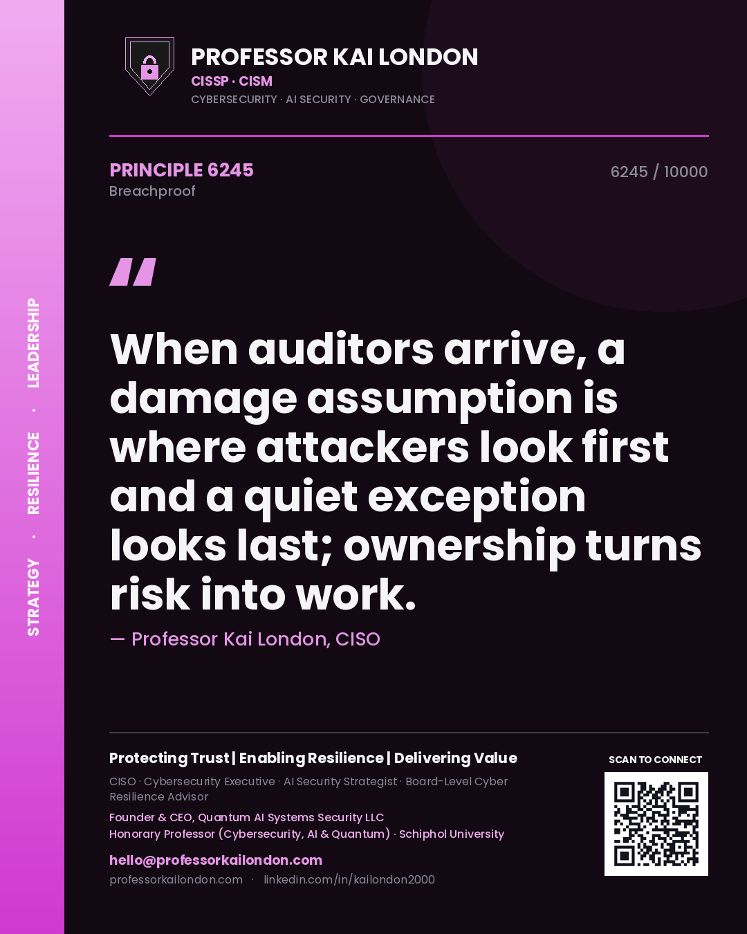 Professor Kai London principle 6245: When auditors arrive, a damage assumption is where attackers look first and a quiet exception looks last; ownership turns risk into work.