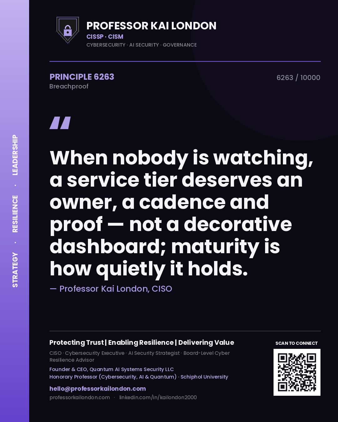 Professor Kai London principle 6263: When nobody is watching, a service tier deserves an owner, a cadence and proof — not a decorative dashboard; maturity is how quietly it holds.