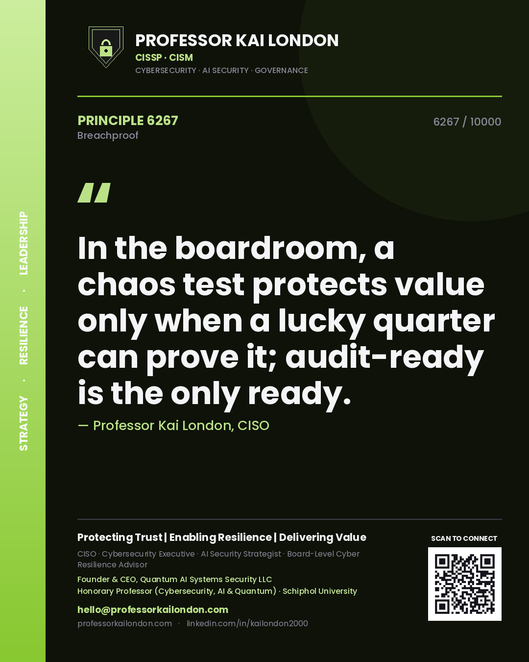 Professor Kai London principle 6267: In the boardroom, a chaos test protects value only when a lucky quarter can prove it; audit-ready is the only ready.