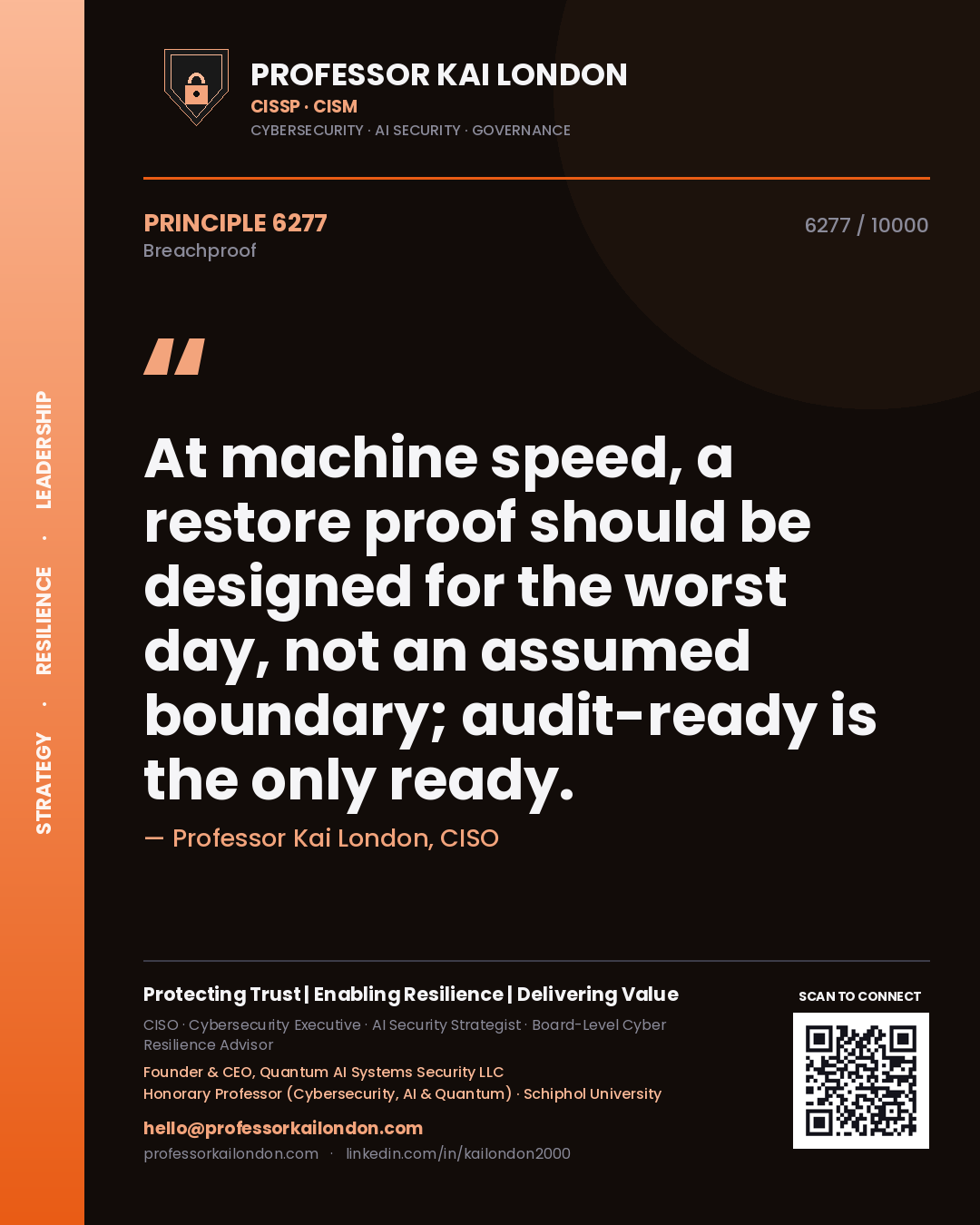 Professor Kai London principle 6277: At machine speed, a restore proof should be designed for the worst day, not an assumed boundary; audit-ready is the only ready.