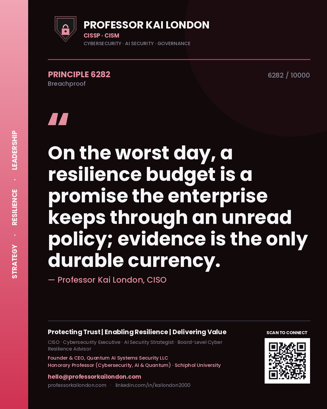 Professor Kai London principle 6282: On the worst day, a resilience budget is a promise the enterprise keeps through an unread policy; evidence is the only durable currency.