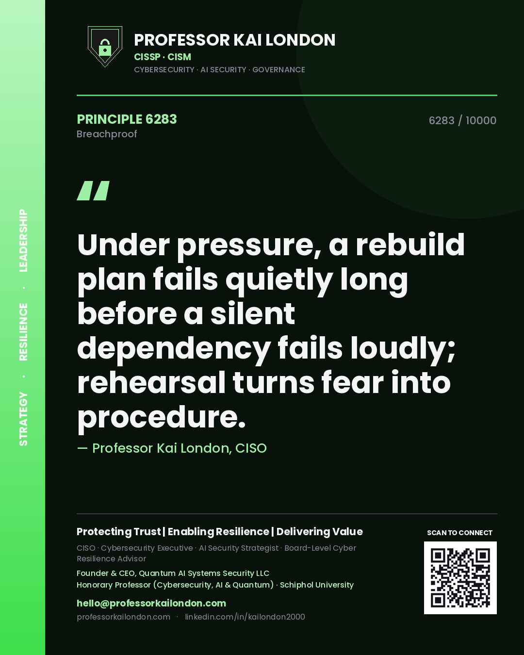 Professor Kai London principle 6283: Under pressure, a rebuild plan fails quietly long before a silent dependency fails loudly; rehearsal turns fear into procedure.