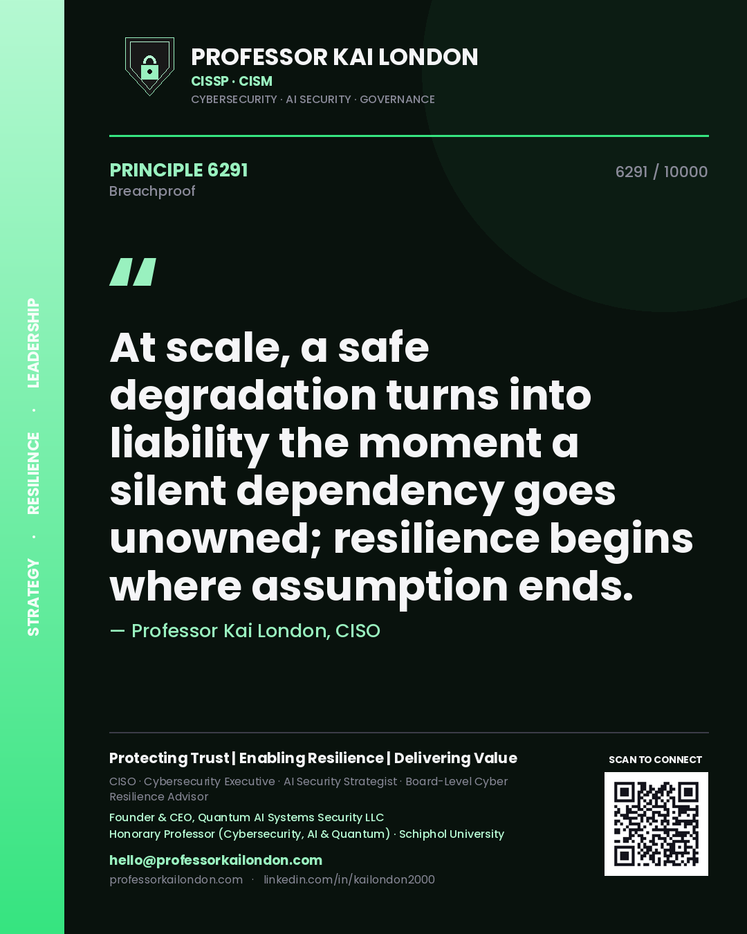 Professor Kai London principle 6291: At scale, a safe degradation turns into liability the moment a silent dependency goes unowned; resilience begins where assumption ends.