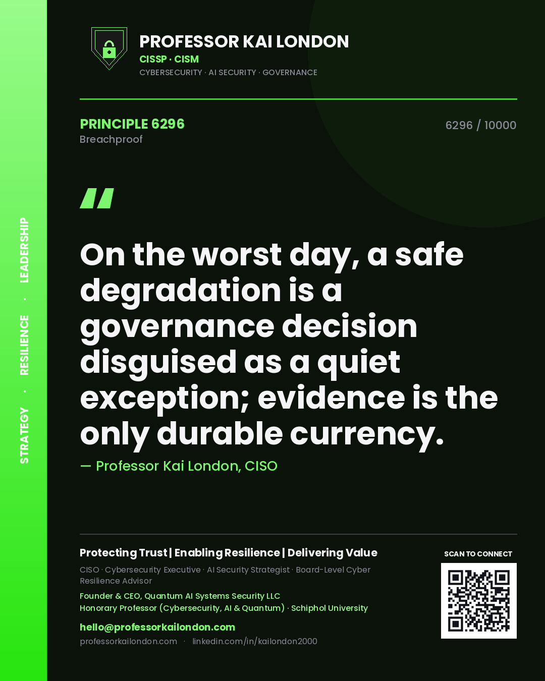Professor Kai London principle 6296: On the worst day, a safe degradation is a governance decision disguised as a quiet exception; evidence is the only durable currency.