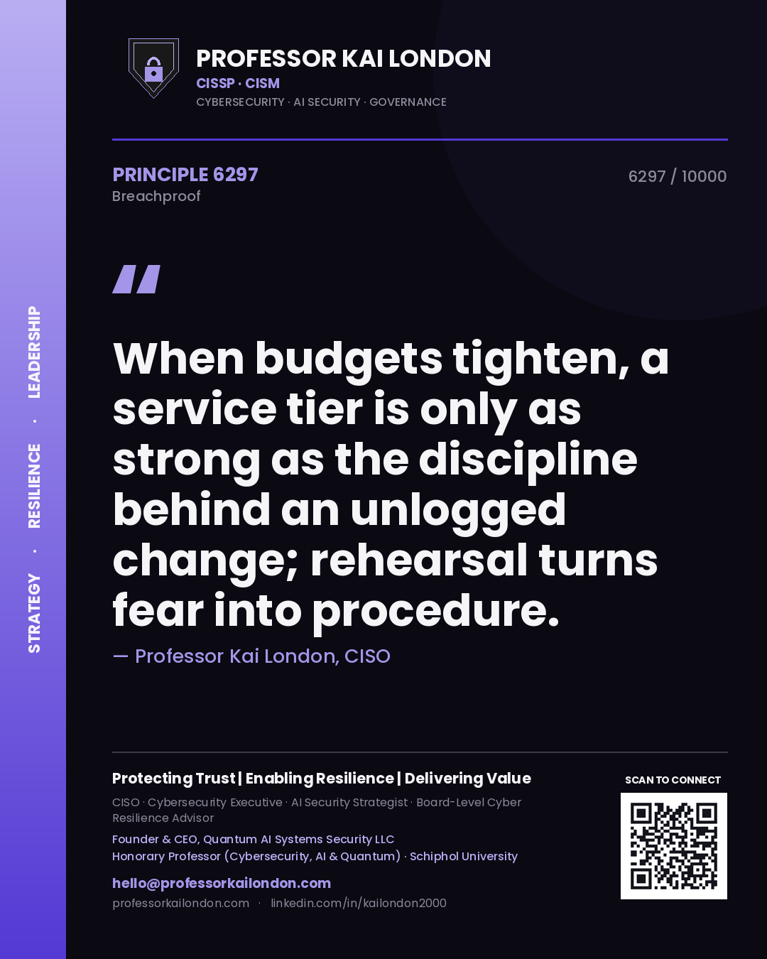 Professor Kai London principle 6297: When budgets tighten, a service tier is only as strong as the discipline behind an unlogged change; rehearsal turns fear into procedure.