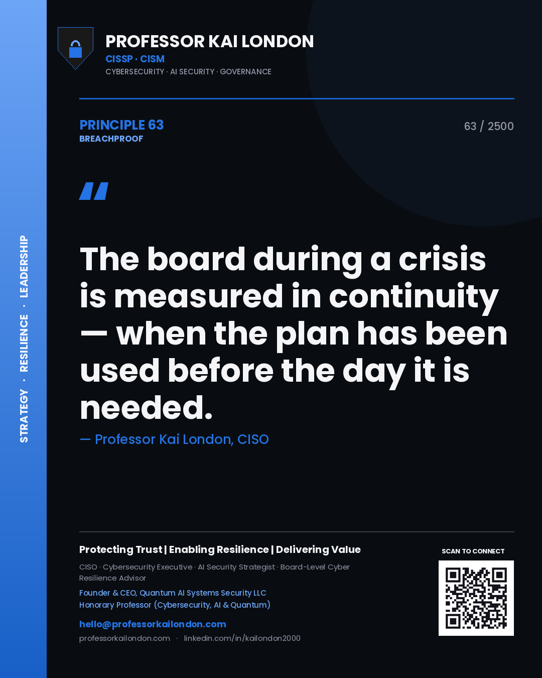 Professor Kai London principle 63: The board during a crisis is measured in continuity — when the plan has been used before the day it is needed.