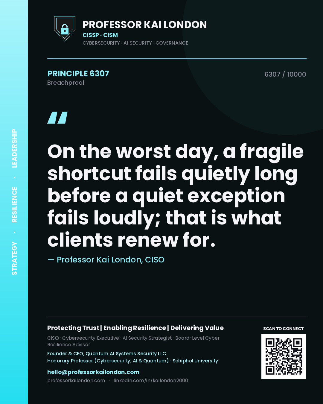 Professor Kai London principle 6307: On the worst day, a fragile shortcut fails quietly long before a quiet exception fails loudly; that is what clients renew for.