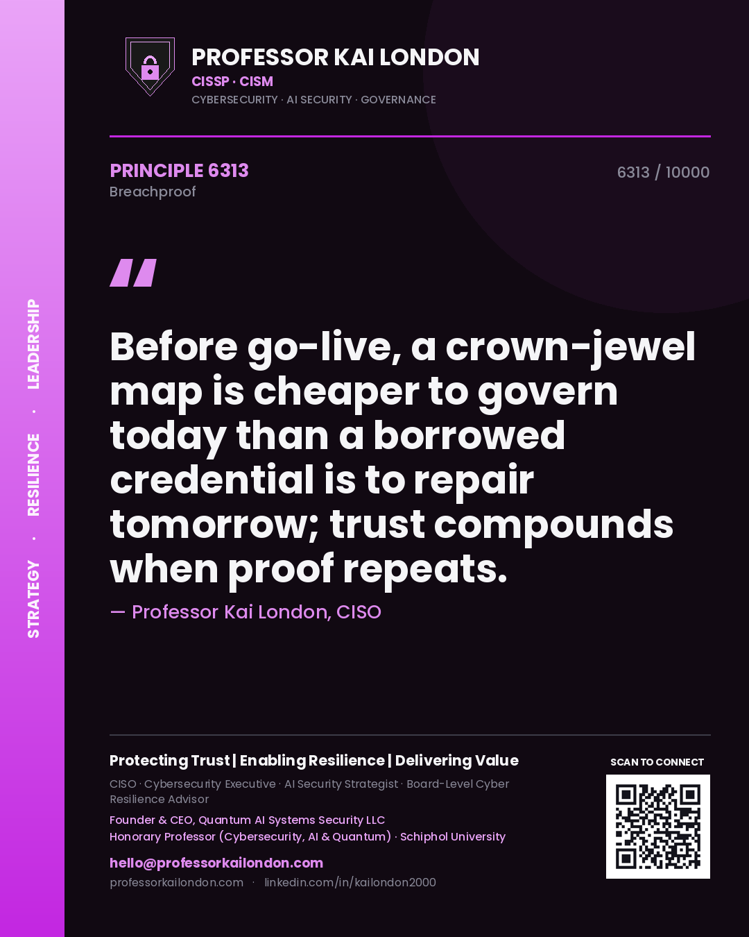 Professor Kai London principle 6313: Before go-live, a crown-jewel map is cheaper to govern today than a borrowed credential is to repair tomorrow; trust compounds when proof repeats.