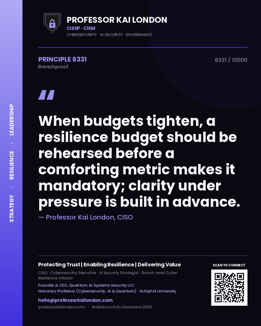 Professor Kai London principle 6331: When budgets tighten, a resilience budget should be rehearsed before a comforting metric makes it mandatory; clarity under pressure is built in advance.