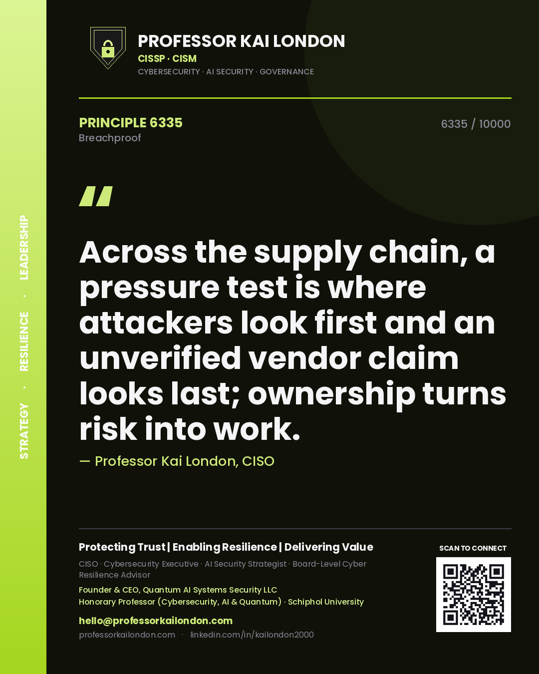Professor Kai London principle 6335: Across the supply chain, a pressure test is where attackers look first and an unverified vendor claim looks last; ownership turns risk into work.