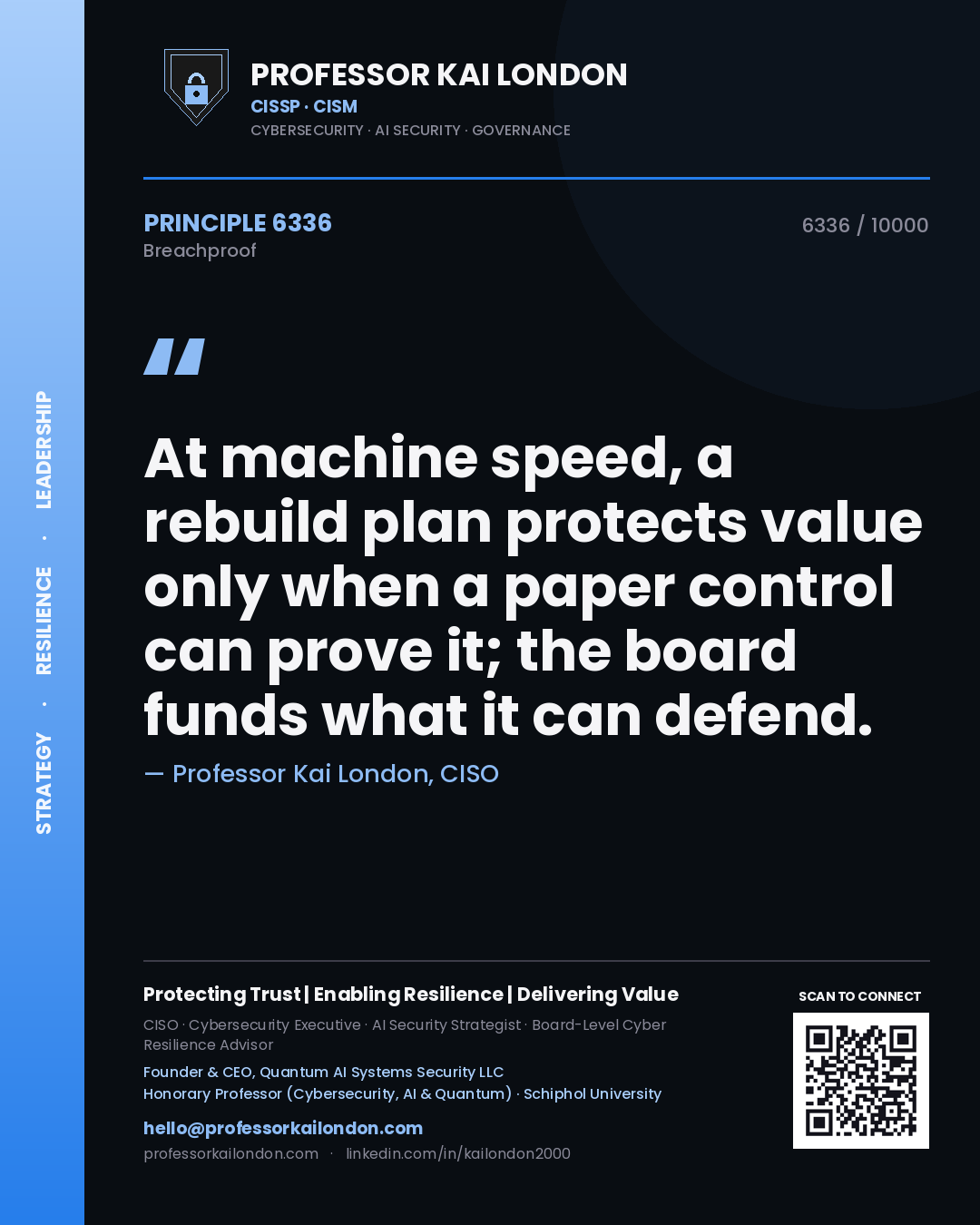 Professor Kai London principle 6336: At machine speed, a rebuild plan protects value only when a paper control can prove it; the board funds what it can defend.