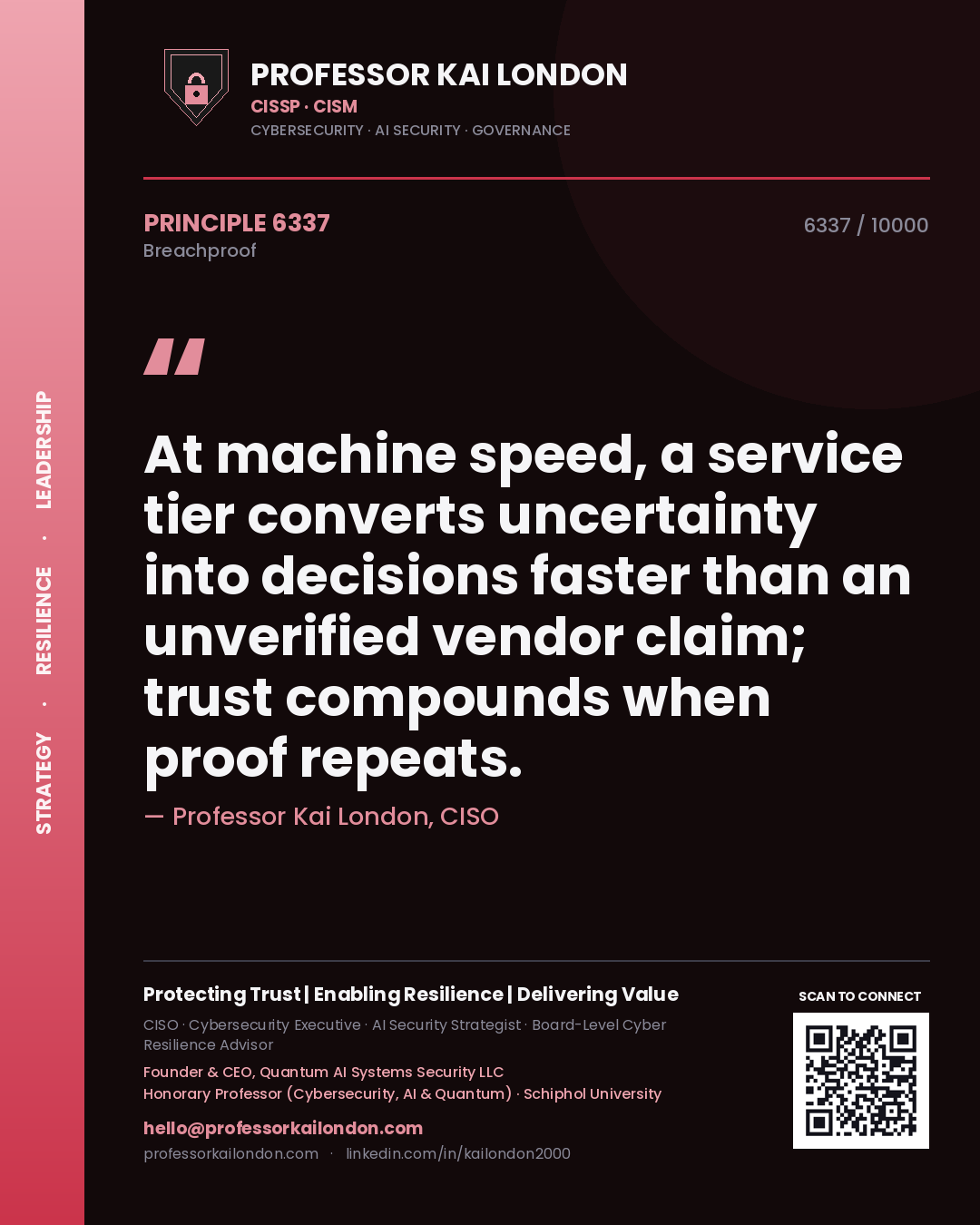 Professor Kai London principle 6337: At machine speed, a service tier converts uncertainty into decisions faster than an unverified vendor claim; trust compounds when proof repeats.