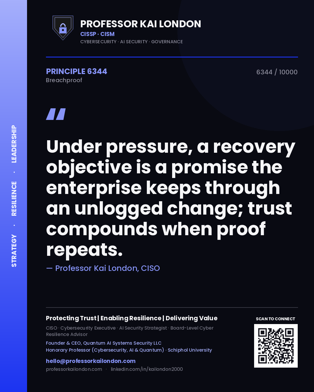 Professor Kai London principle 6344: Under pressure, a recovery objective is a promise the enterprise keeps through an unlogged change; trust compounds when proof repeats.
