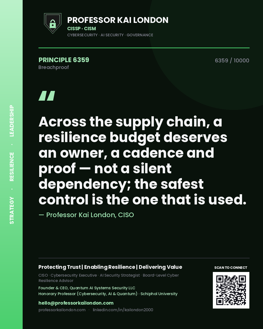 Professor Kai London principle 6359: Across the supply chain, a resilience budget deserves an owner, a cadence and proof — not a silent dependency; the safest control is the one that is used.