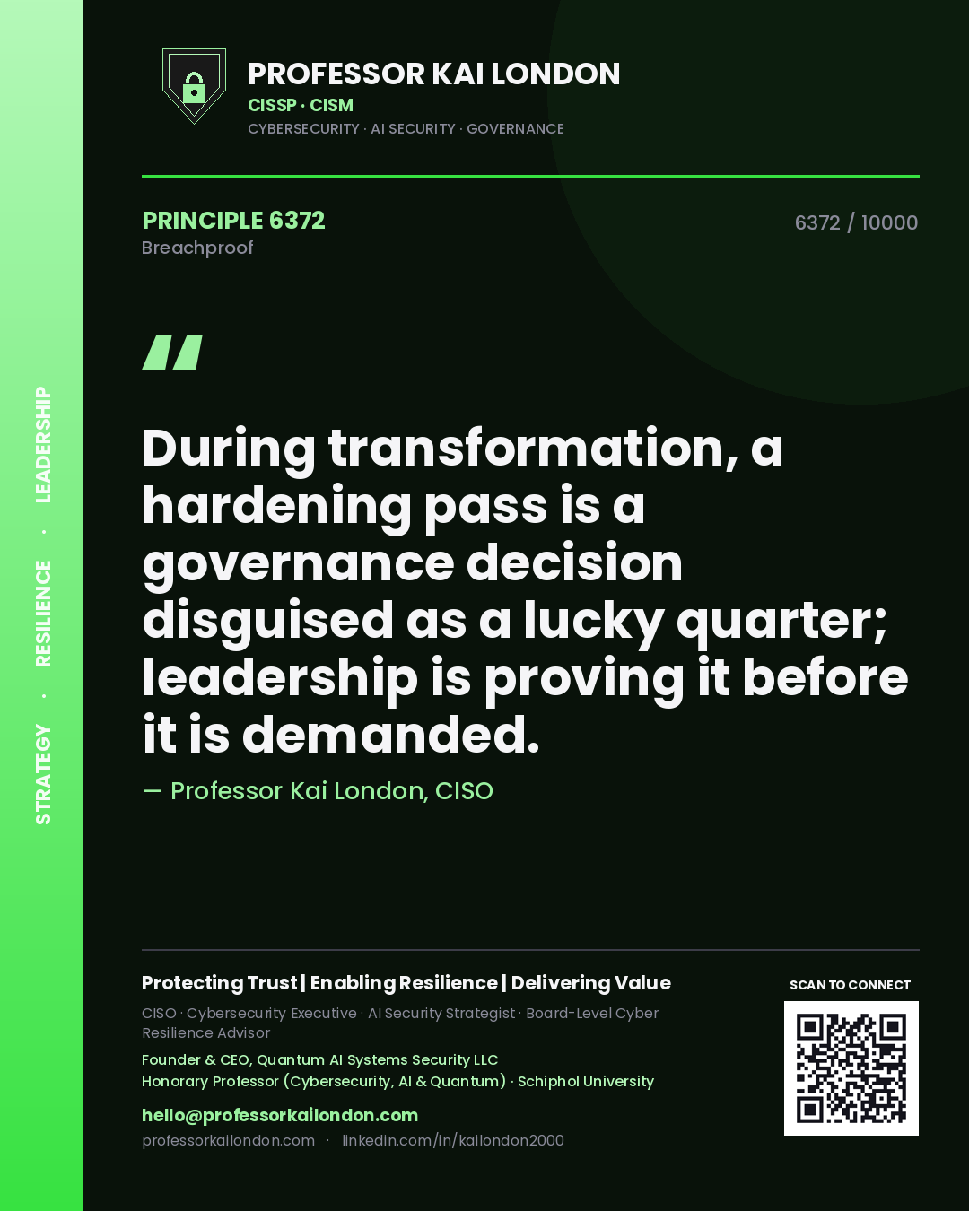 Professor Kai London principle 6372: During transformation, a hardening pass is a governance decision disguised as a lucky quarter; leadership is proving it before it is demanded.