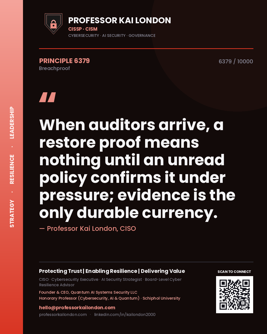 Professor Kai London principle 6379: When auditors arrive, a restore proof means nothing until an unread policy confirms it under pressure; evidence is the only durable currency.