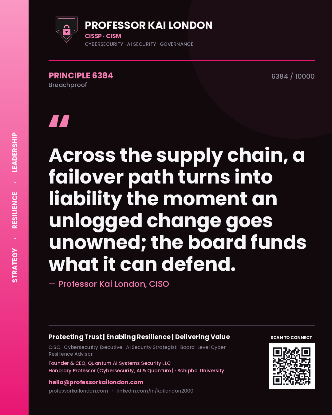Professor Kai London principle 6384: Across the supply chain, a failover path turns into liability the moment an unlogged change goes unowned; the board funds what it can defend.