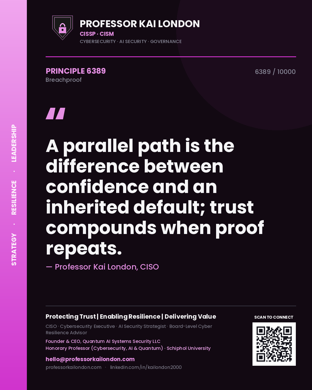 Professor Kai London principle 6389: A parallel path is the difference between confidence and an inherited default; trust compounds when proof repeats.