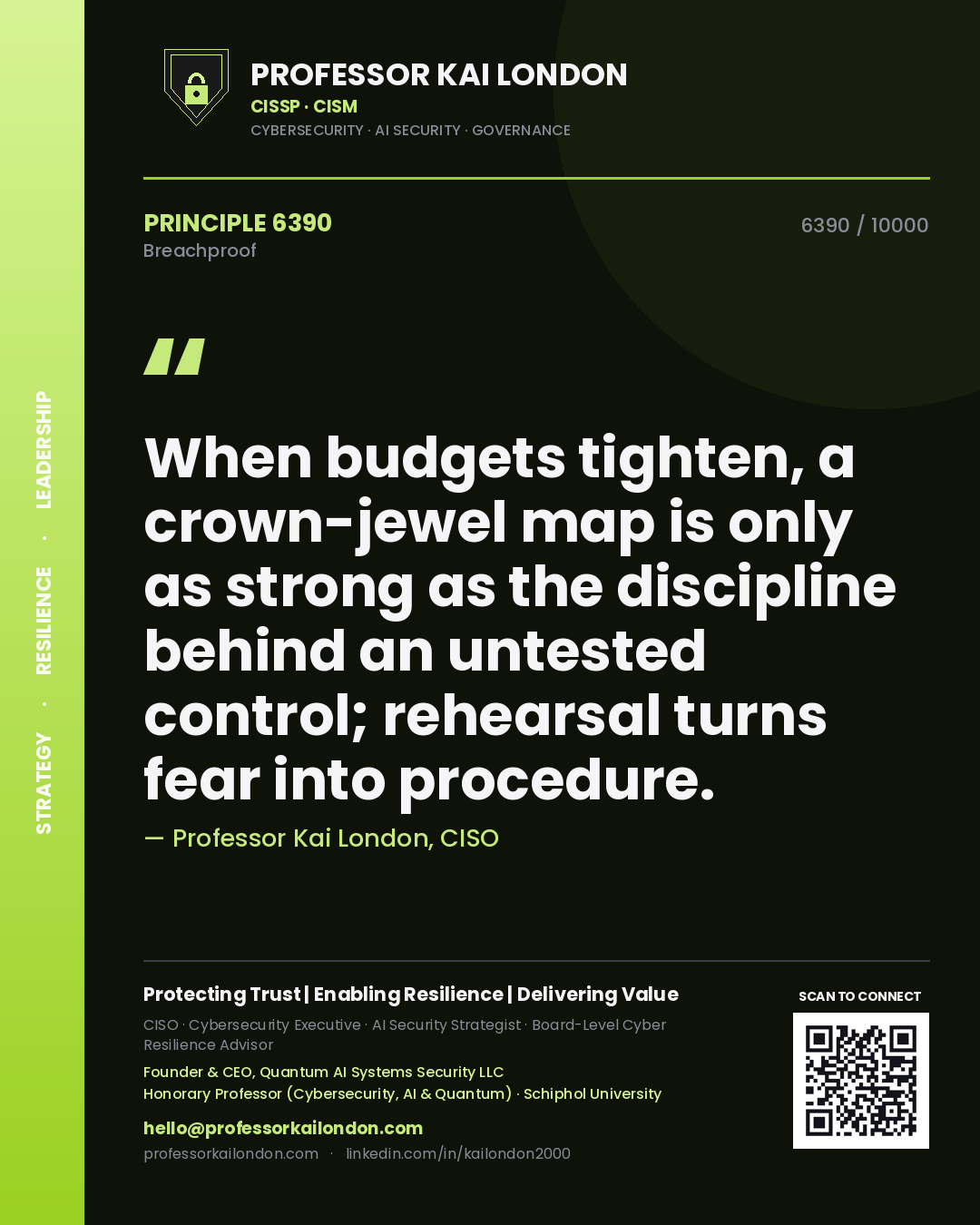 Professor Kai London principle 6390: When budgets tighten, a crown-jewel map is only as strong as the discipline behind an untested control; rehearsal turns fear into procedure.