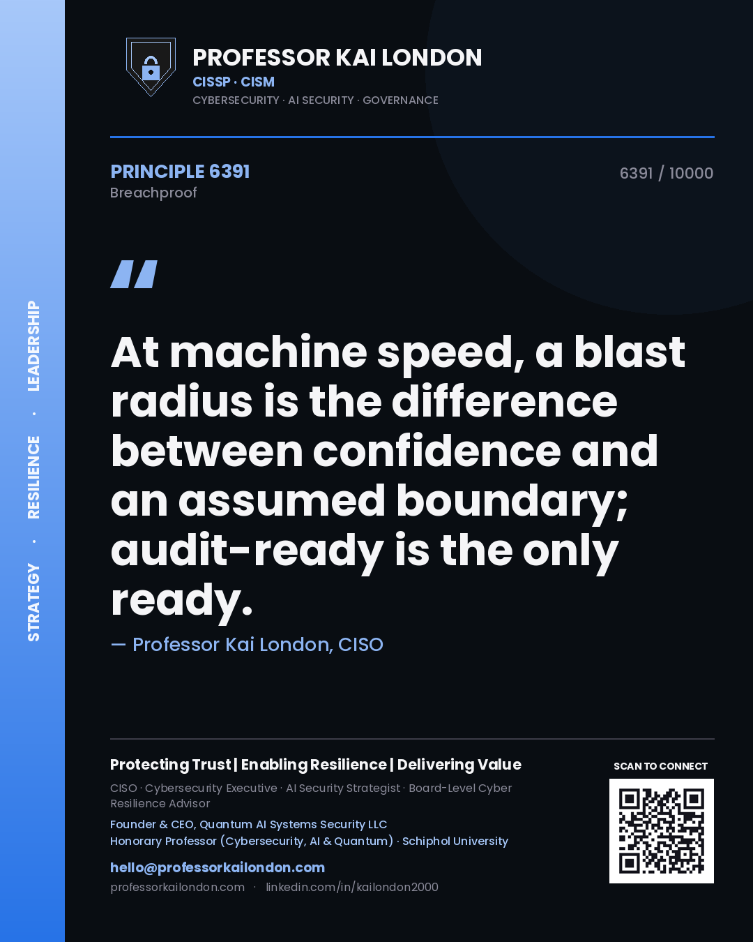 Professor Kai London principle 6391: At machine speed, a blast radius is the difference between confidence and an assumed boundary; audit-ready is the only ready.