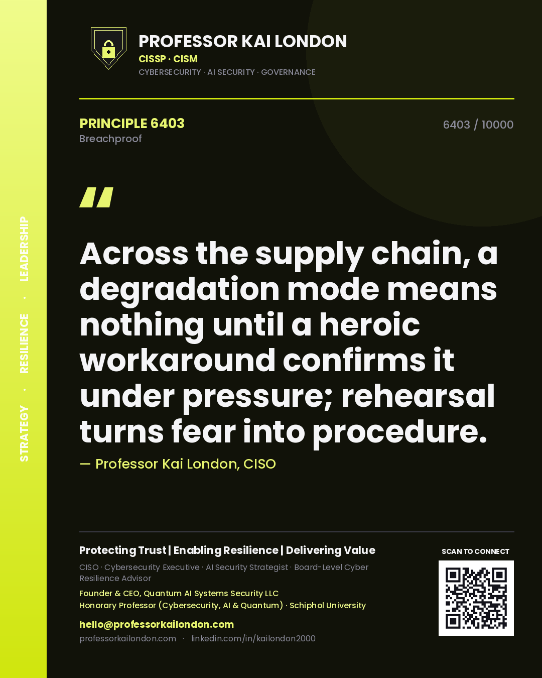 Professor Kai London principle 6403: Across the supply chain, a degradation mode means nothing until a heroic workaround confirms it under pressure; rehearsal turns fear into procedure.