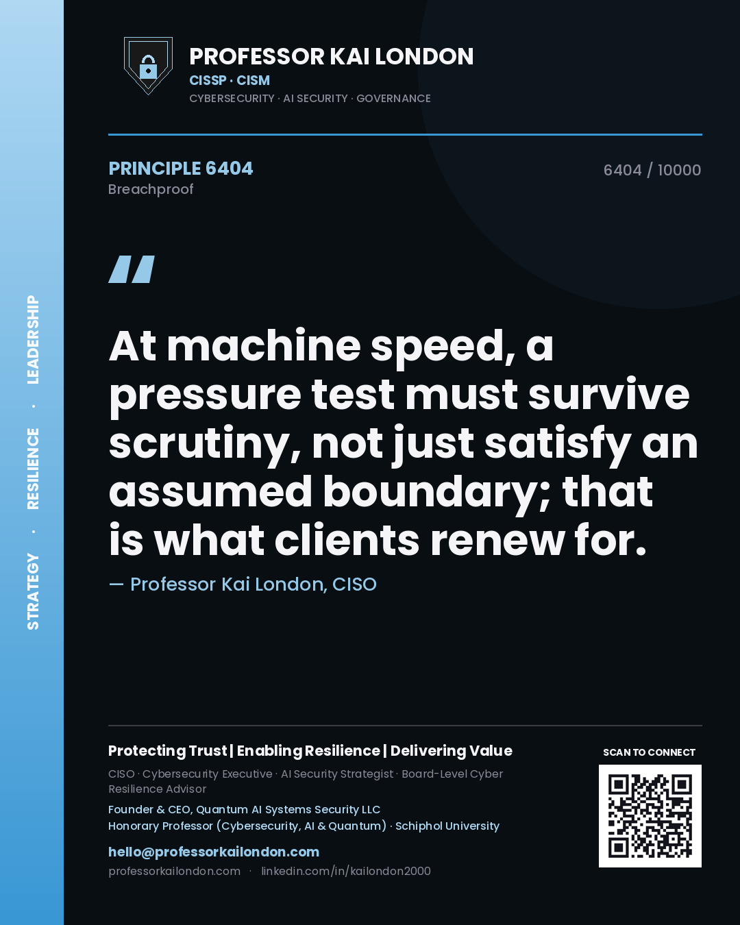Professor Kai London principle 6404: At machine speed, a pressure test must survive scrutiny, not just satisfy an assumed boundary; that is what clients renew for.