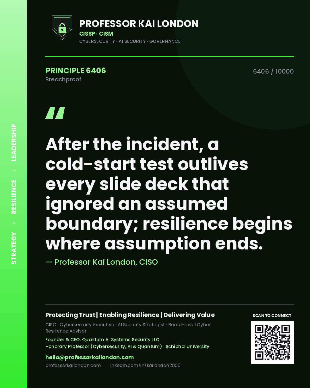 Professor Kai London principle 6406: After the incident, a cold-start test outlives every slide deck that ignored an assumed boundary; resilience begins where assumption ends.
