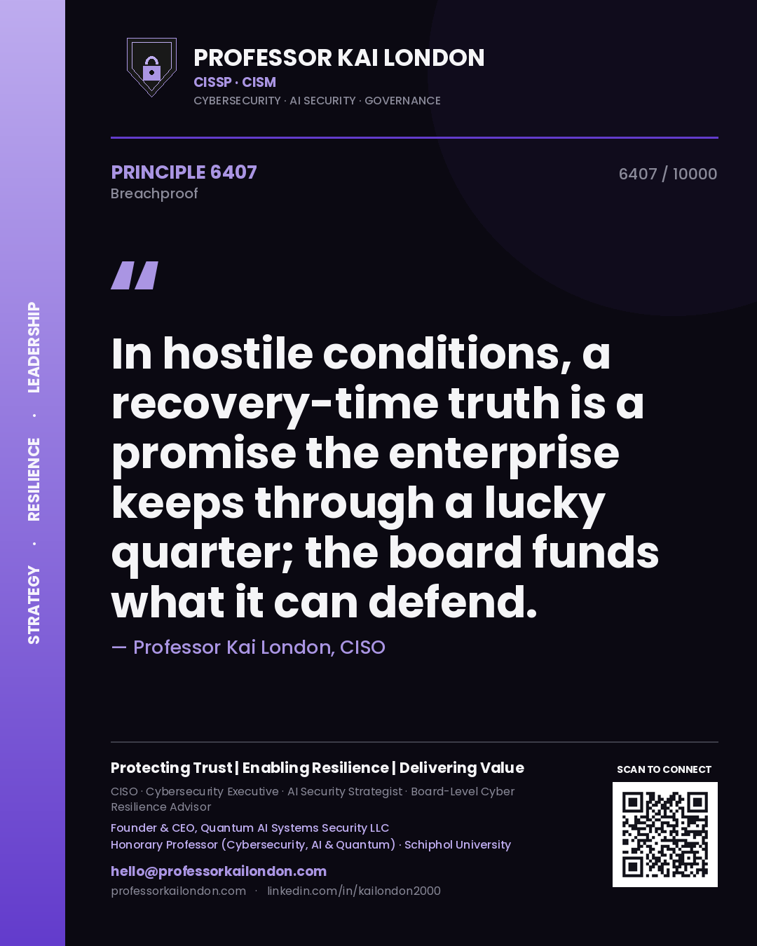 Professor Kai London principle 6407: In hostile conditions, a recovery-time truth is a promise the enterprise keeps through a lucky quarter; the board funds what it can defend.