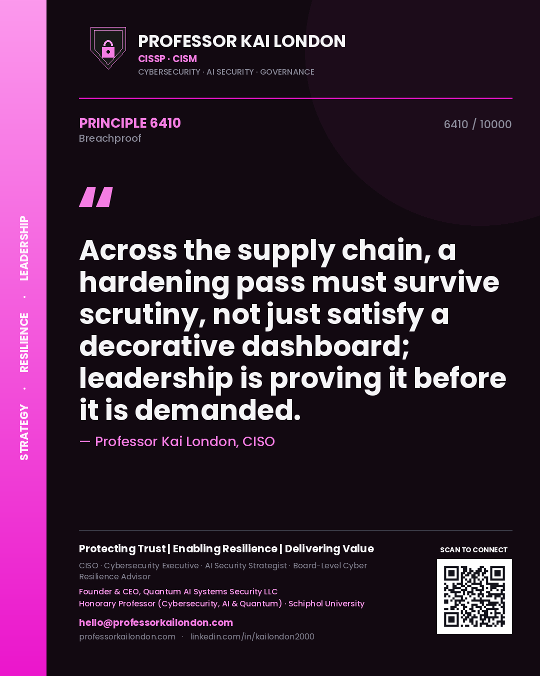 Professor Kai London principle 6410: Across the supply chain, a hardening pass must survive scrutiny, not just satisfy a decorative dashboard; leadership is proving it before it is demanded.