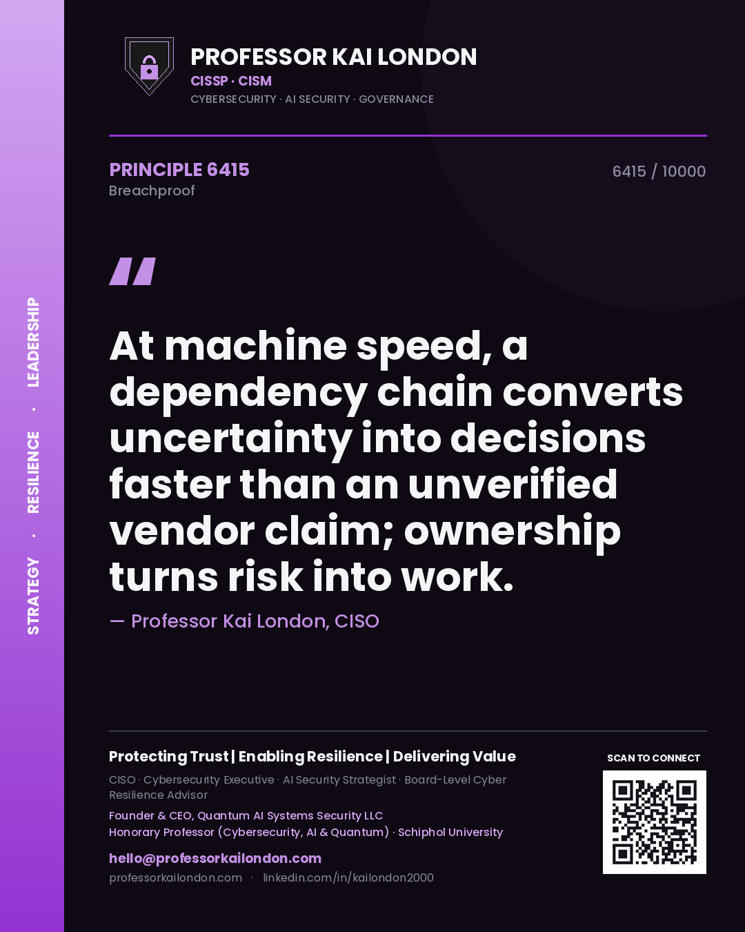 Professor Kai London principle 6415: At machine speed, a dependency chain converts uncertainty into decisions faster than an unverified vendor claim; ownership turns risk into work.