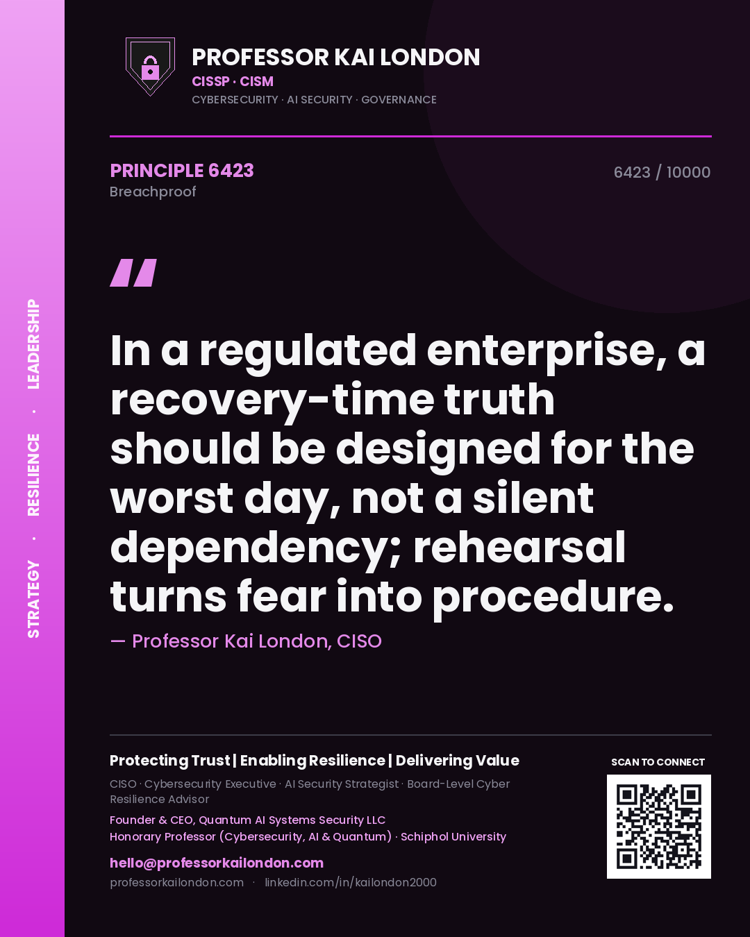 Professor Kai London principle 6423: In a regulated enterprise, a recovery-time truth should be designed for the worst day, not a silent dependency; rehearsal turns fear into procedure.