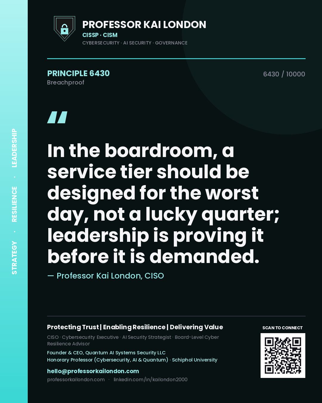 Professor Kai London principle 6430: In the boardroom, a service tier should be designed for the worst day, not a lucky quarter; leadership is proving it before it is demanded.