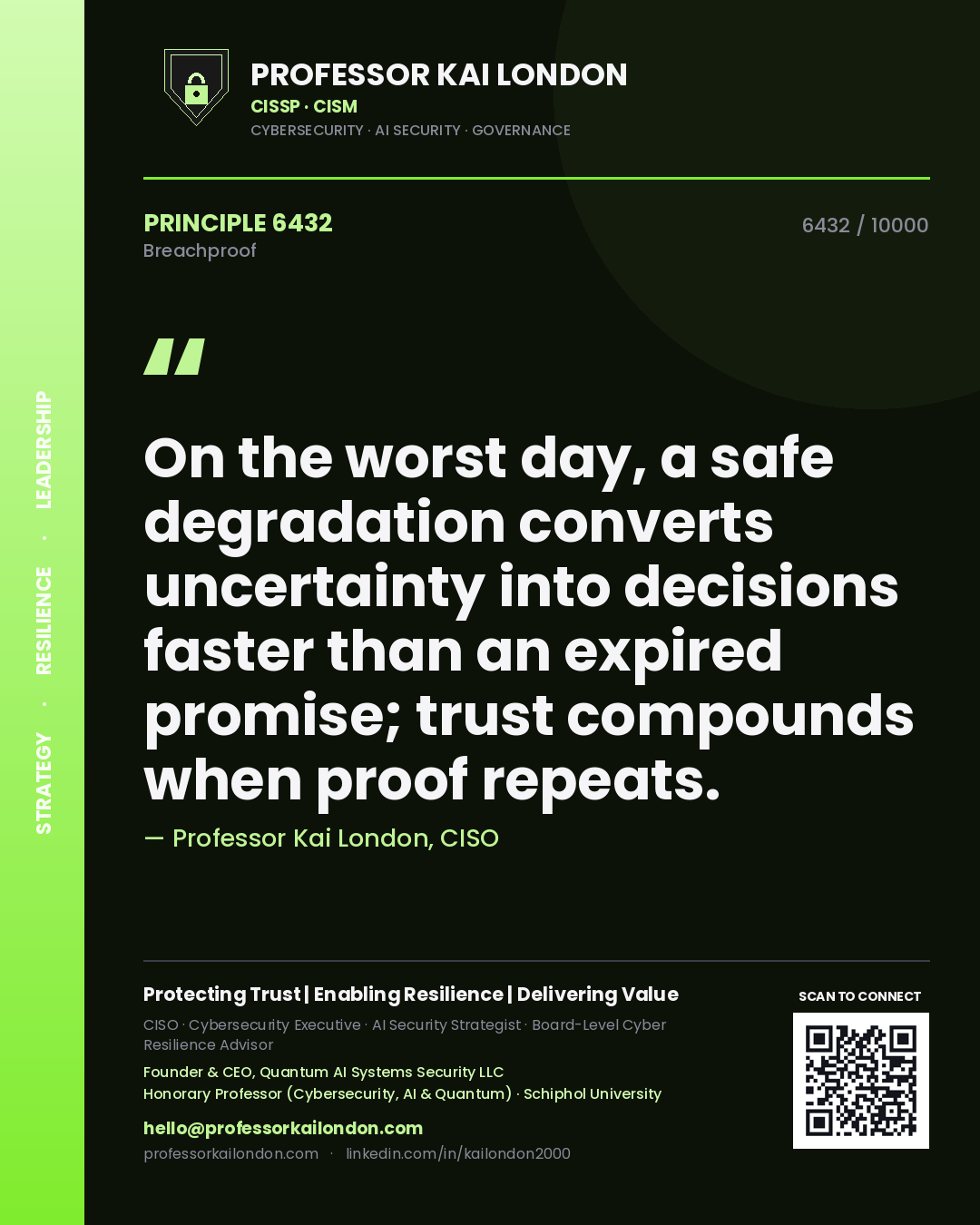 Professor Kai London principle 6432: On the worst day, a safe degradation converts uncertainty into decisions faster than an expired promise; trust compounds when proof repeats.