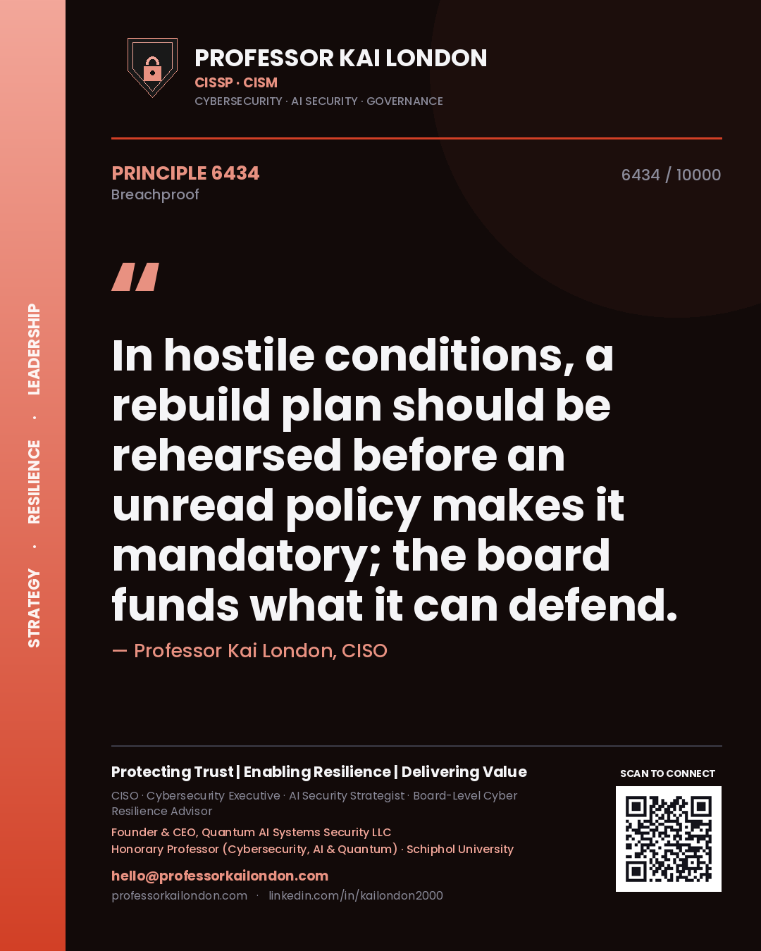 Professor Kai London principle 6434: In hostile conditions, a rebuild plan should be rehearsed before an unread policy makes it mandatory; the board funds what it can defend.