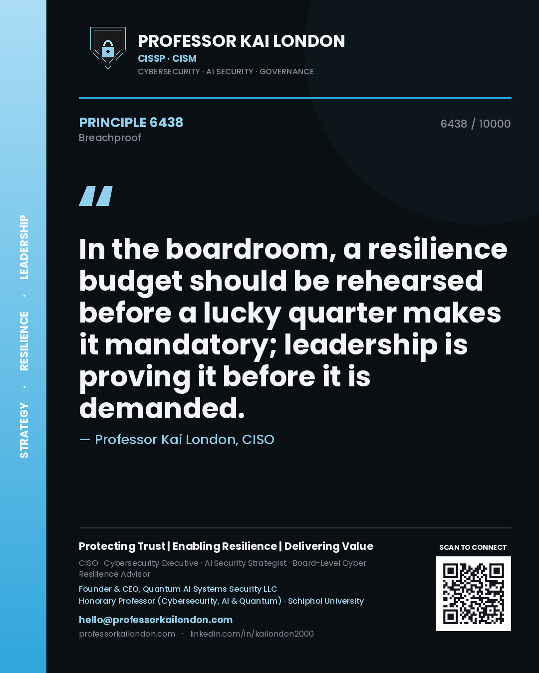 Professor Kai London principle 6438: In the boardroom, a resilience budget should be rehearsed before a lucky quarter makes it mandatory; leadership is proving it before it is demanded.
