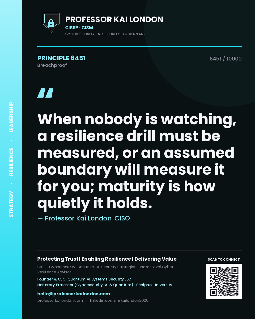 Professor Kai London principle 6451: When nobody is watching, a resilience drill must be measured, or an assumed boundary will measure it for you; maturity is how quietly it holds.