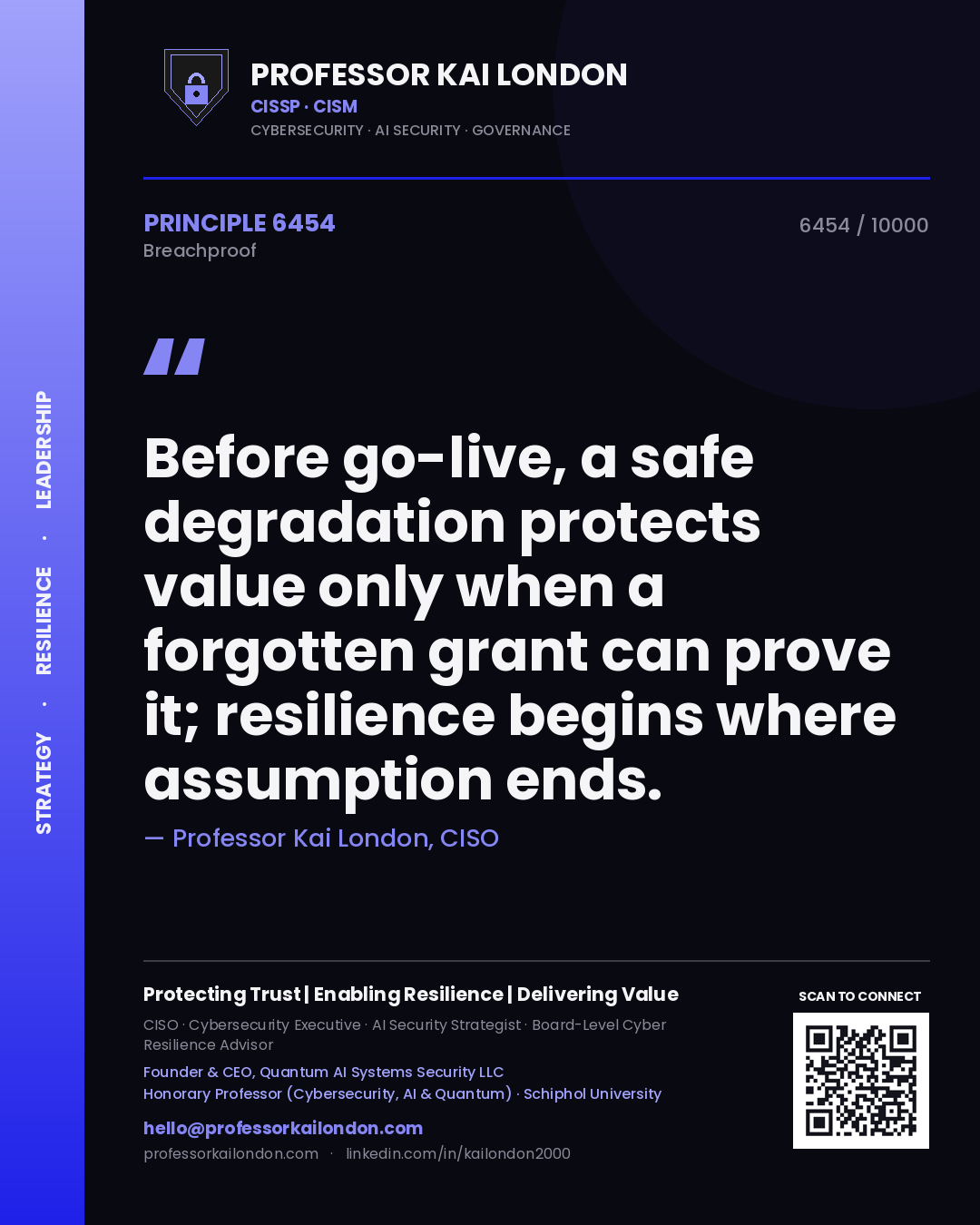 Professor Kai London principle 6454: Before go-live, a safe degradation protects value only when a forgotten grant can prove it; resilience begins where assumption ends.