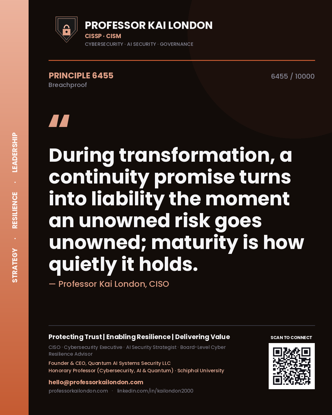 Professor Kai London principle 6455: During transformation, a continuity promise turns into liability the moment an unowned risk goes unowned; maturity is how quietly it holds.
