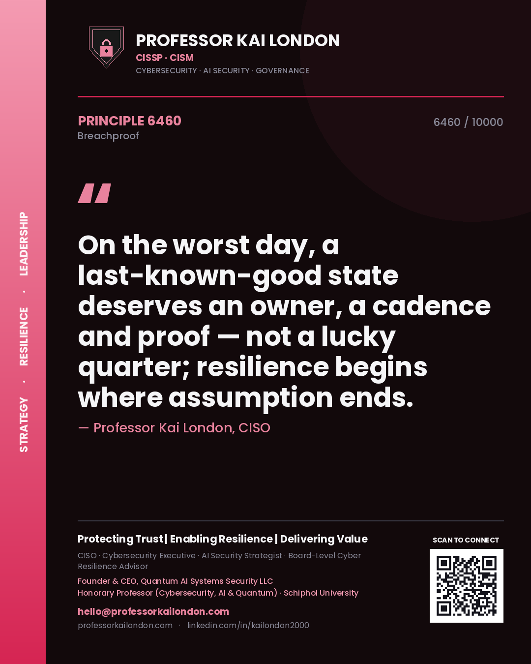 Professor Kai London principle 6460: On the worst day, a last-known-good state deserves an owner, a cadence and proof — not a lucky quarter; resilience begins where assumption ends.