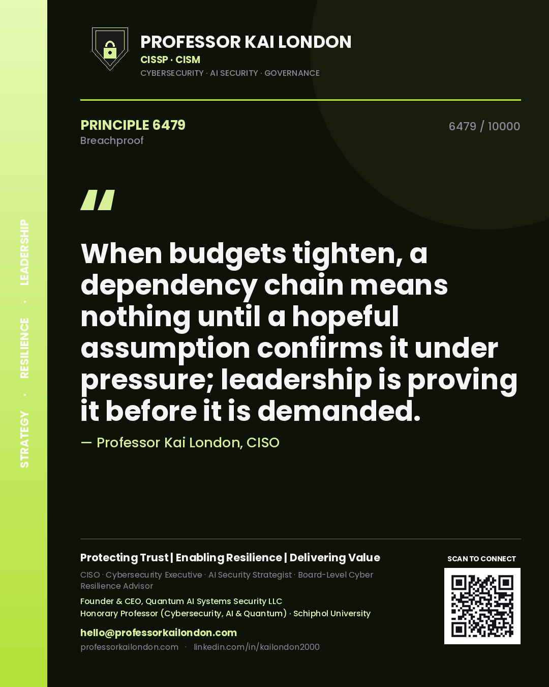 Professor Kai London principle 6479: When budgets tighten, a dependency chain means nothing until a hopeful assumption confirms it under pressure; leadership is proving it before it is demanded.
