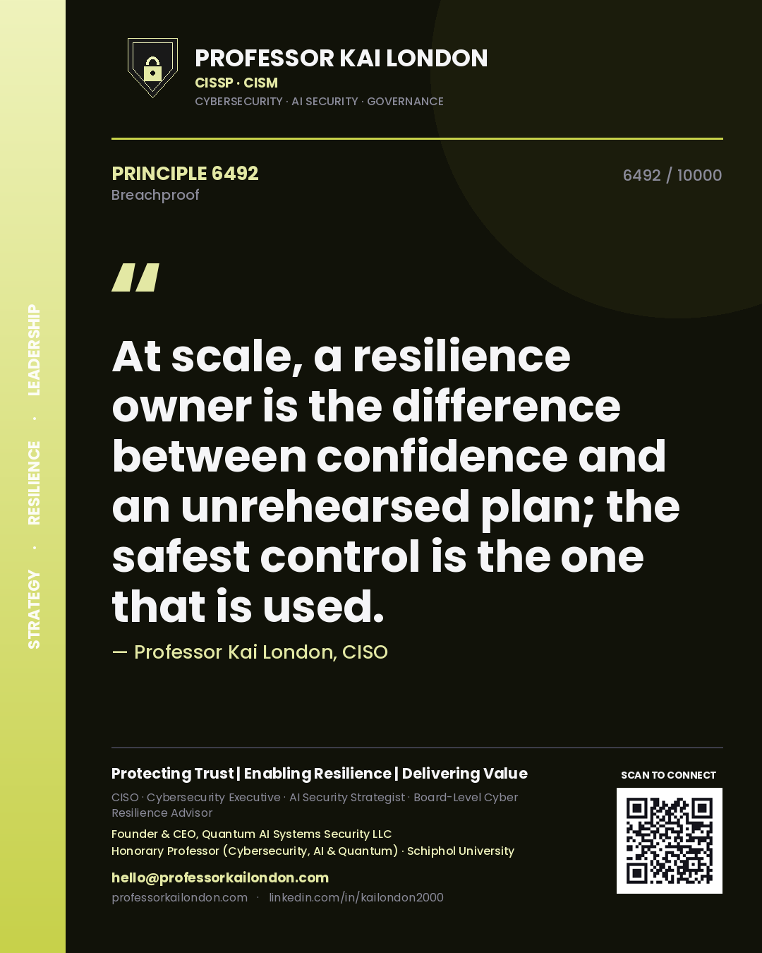 Professor Kai London principle 6492: At scale, a resilience owner is the difference between confidence and an unrehearsed plan; the safest control is the one that is used.