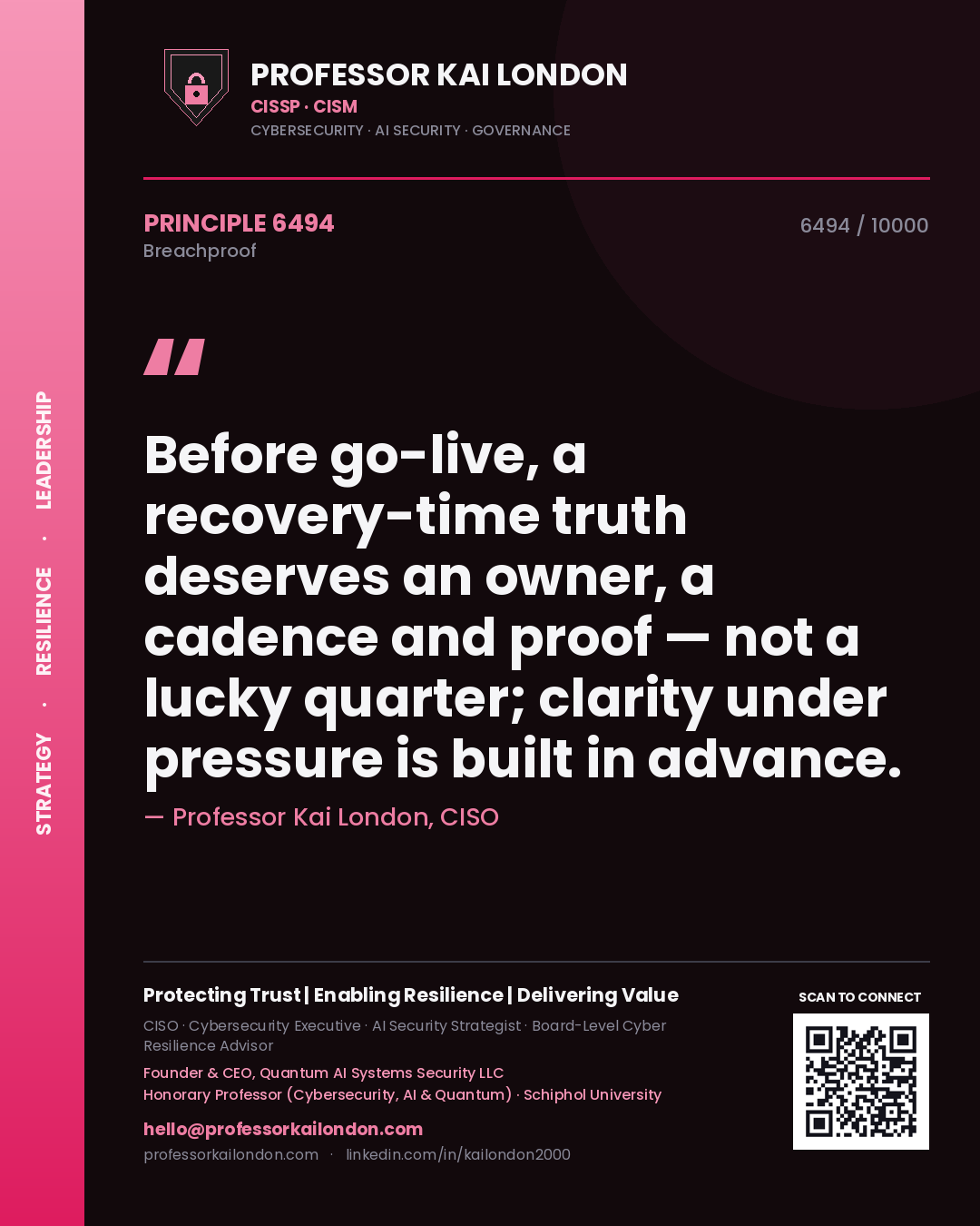 Professor Kai London principle 6494: Before go-live, a recovery-time truth deserves an owner, a cadence and proof — not a lucky quarter; clarity under pressure is built in advance.
