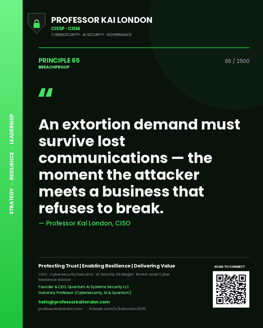 Professor Kai London principle 65: An extortion demand must survive lost communications — the moment the attacker meets a business that refuses to break.