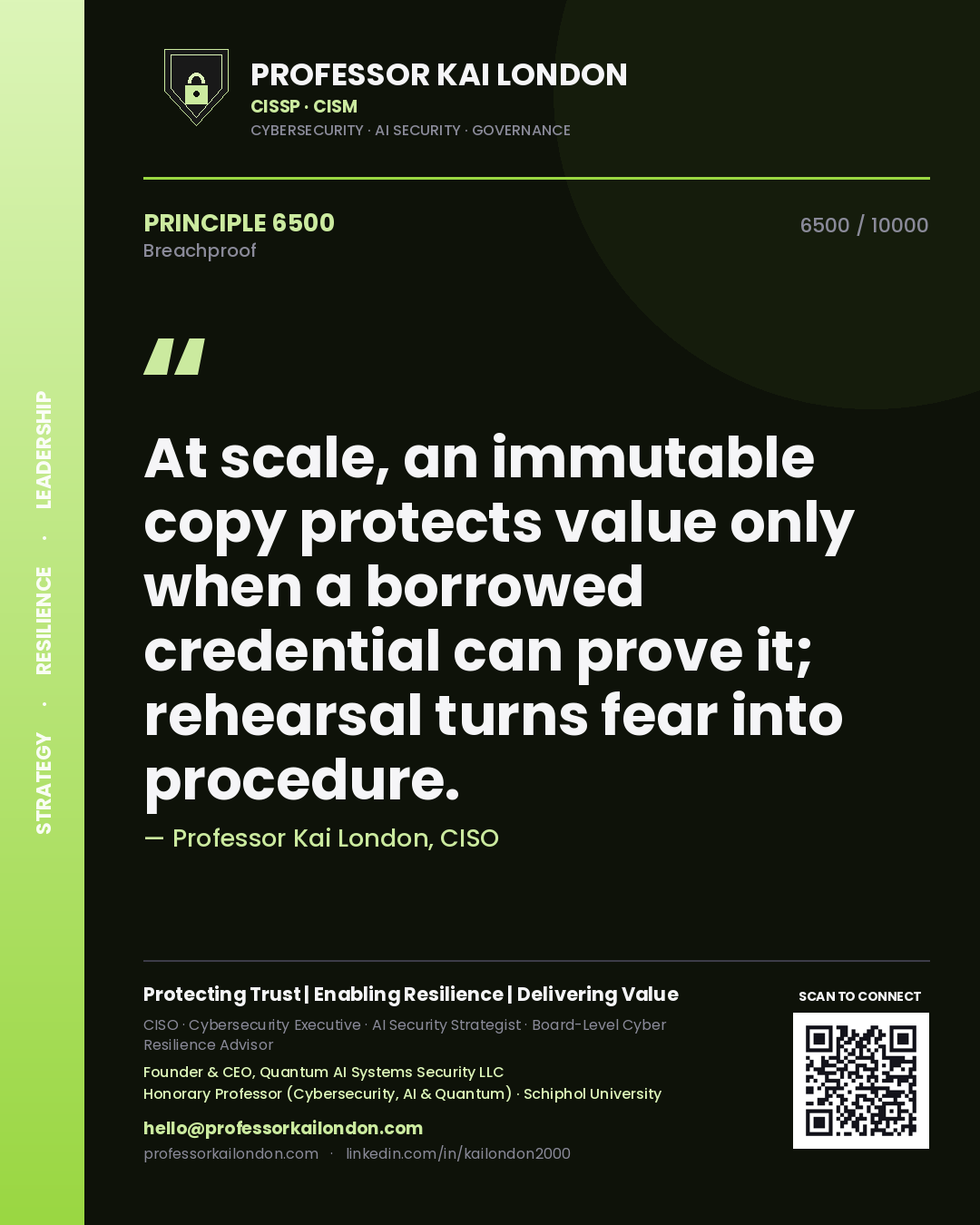 Professor Kai London principle 6500: At scale, an immutable copy protects value only when a borrowed credential can prove it; rehearsal turns fear into procedure.