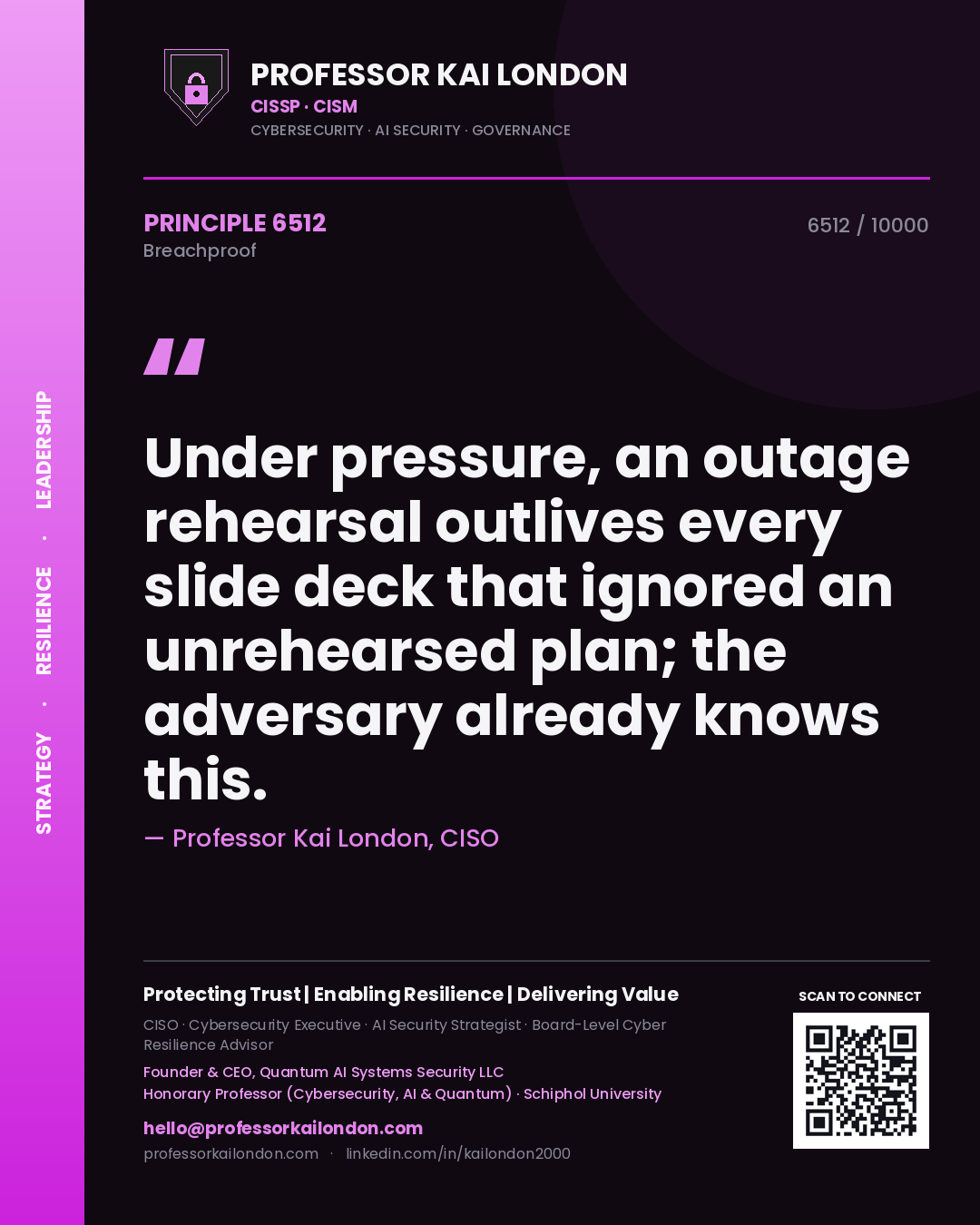Professor Kai London principle 6512: Under pressure, an outage rehearsal outlives every slide deck that ignored an unrehearsed plan; the adversary already knows this.